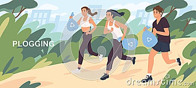 Active cartoon people picking up litter during plogging vector flat illustration. Man and woman character run at natural Vector Illustration