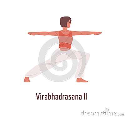 Active cartoon woman practicing virabhadrasana II position isolated on white. Yogi female exercising Hatha yoga Warrior Vector Illustration