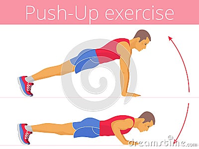 The active caucasian young man is doing the push up exercise. Vector Illustration