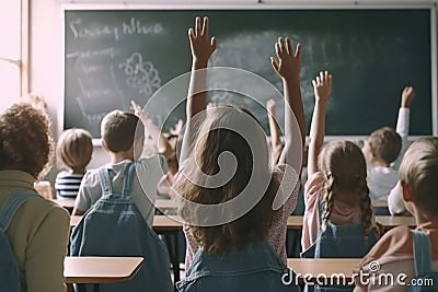 active classroom participation in school, pupils raise their hands engage in the learning process Stock Photo