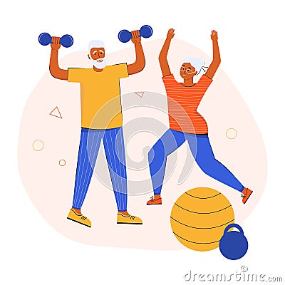 An active elderly couple doing sports together at home. Grandparents lead a healthy lifestyle. Active seniors training in gym. Stock Photo