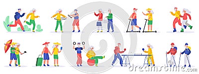 Active elderly people. Senior elderly couples, grandfather and grandmother exercising and travelling, healthy old people Vector Illustration