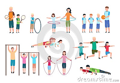 Active family. People, kids doing fitness exercises. Sports lifestyle vector flat characters Vector Illustration