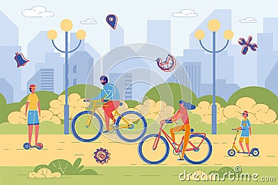 Active Family Riding Bicycle and Scooter in Park Stock Photo