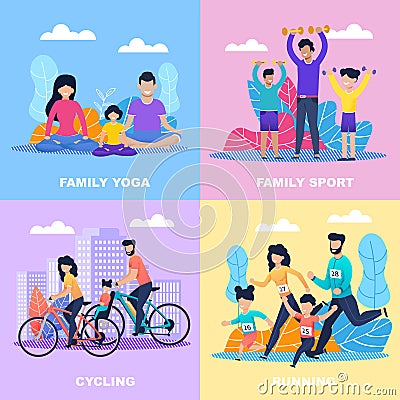 Active Family Sport Time Flat Cartoon Cards Set Vector Illustration