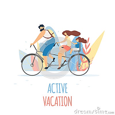 Active Family Vacation on Bicycle Flat Banner Vector Illustration