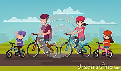 Active family vacation. Father mother, son and daughter are riding on bicycles in the park. Vector illustration Cartoon Illustration