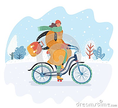 Active fashionable woman riding a vintage bike. Vector Illustration