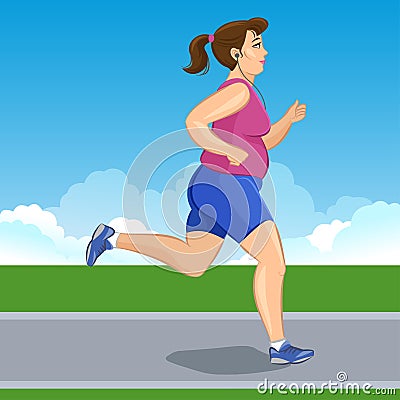 Active fat young jogging woman, loss weight cardio training Vector Illustration