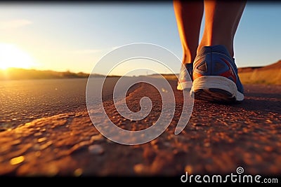 Active footsteps, Close-up of runner's feet on road, morning workout Stock Photo