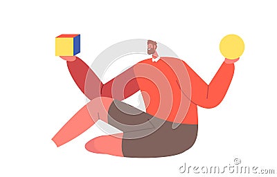 Active Game, Preschool Kids Education. Man Holding Cube and Ball Shapes in Hands, Colorful Plastic Constructor Blocks Vector Illustration