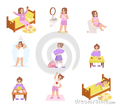 Active girl daily routine. Day schedule and activities kid, morning and evening. Everyday hygiene habits, dress up Vector Illustration