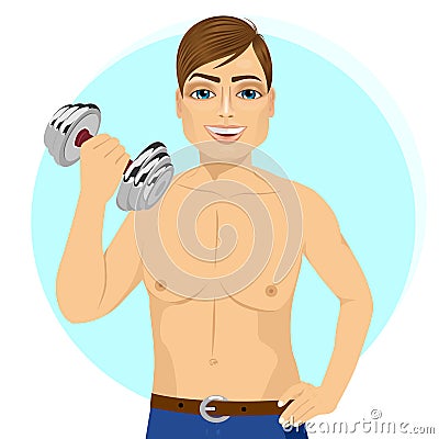 Active handsome young man practicing fitness exercise with dumbbell Vector Illustration