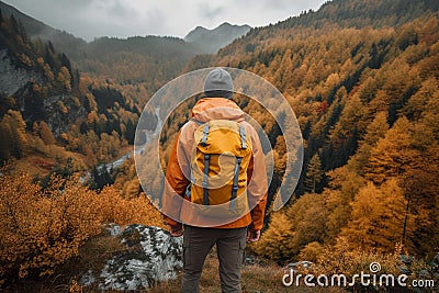 Active Hiker Admires Stunning Autumn Landscape While Exploring From Hilltop - Generative AI Stock Photo