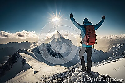 Active hiker enjoying the view, conquered the summit joyful raised arms around amazing views of mountain ranges landscape. Stock Photo