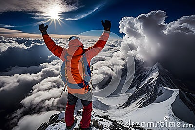 Active hiker enjoying the view, conquered the summit joyful raised arms around amazing views of mountain ranges landscape clouds. Stock Photo