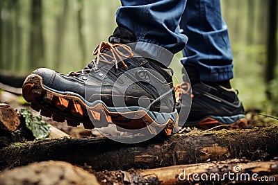 Active hiker exploring nature on a scenic trail, wearing comfortable and durable hiking shoes Stock Photo