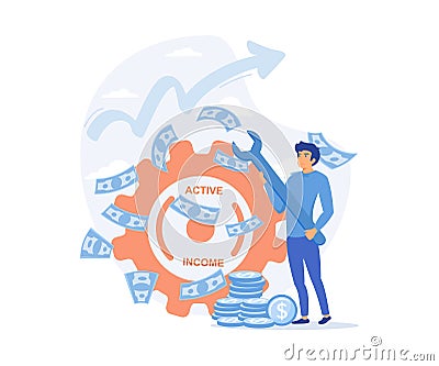 Active income, getting wages for work, increase profit. Man works, earns salary at paid job. Vector Illustration