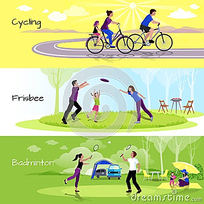 Active Leisure People Horizontal Banners Vector Illustration