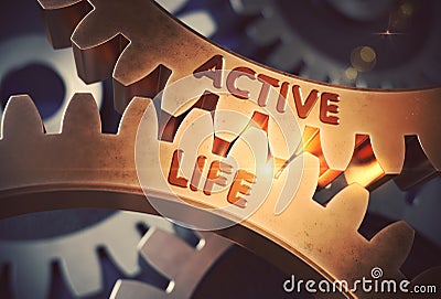 Active Life on Golden Metallic Cogwheels. 3D Illustration. Stock Photo