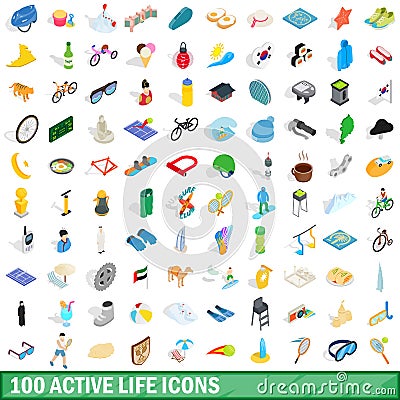 100 active life icons set, isometric 3d style Vector Illustration