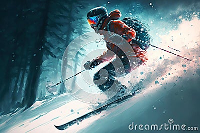 Active lifestyle athlete skier gliding down mountain in snow skiing, generative ai Stock Photo