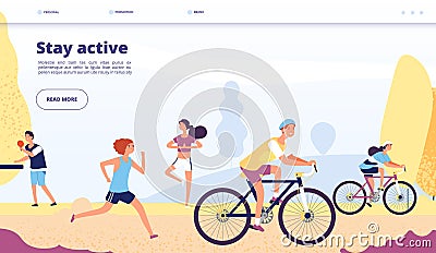 Active lifestyle landing. People cycling, fitness exercises. Persons riding bike, running in autumn park, athletic app Vector Illustration