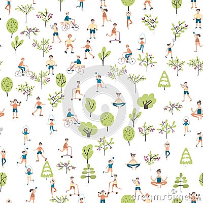 Active lifestyle, sports entertainment outdoors. Seamless pattern, vector background illustration. Vector Illustration