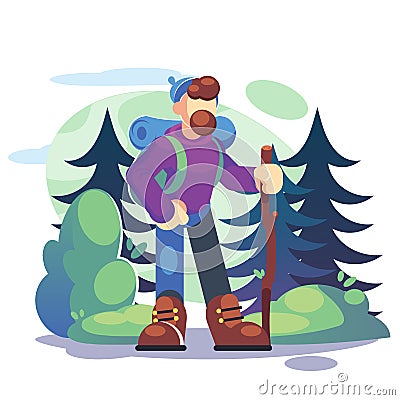 Active lifestyle, tourism concept. A young man hiker is standing in a forest with a backpack - Flat Vector illustration Vector Illustration