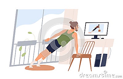 Active male doing sport exercise watch online classes on computer vector flat illustration. Man practicing workout at Vector Illustration