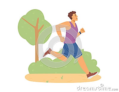 Active man in sportswear running marathon or runner athlete training in park. Vector Illustration