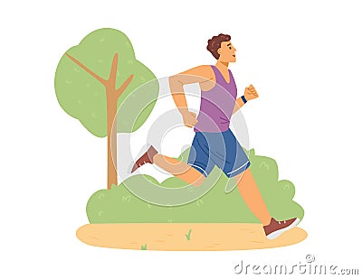 Active man in sportswear running marathon or runner athlete training in park. Cartoon Illustration