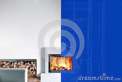 Active Modern Fireplace. Split screen from drawing to photo Stock Photo