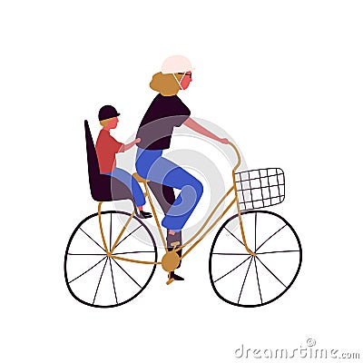 Active mother and son ride on bike vector flat illustration. Happy family cycling together isolated on white background Vector Illustration