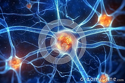 Active Nerve Cells Neuronal Network with Electrical Signals. Generative AI Stock Photo