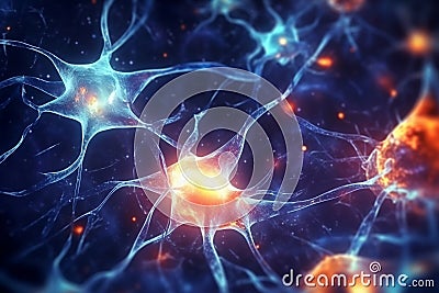 Active Nerve Cells Neuronal Network with Electrical Signals. Generative AI Stock Photo