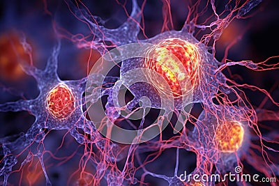 Active nerve cells, visualization of neuronal networks in the brain, 3D render Cartoon Illustration