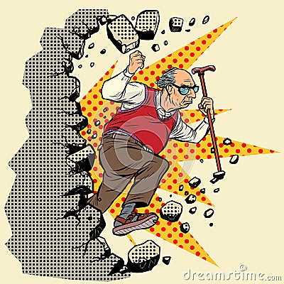 Active old man pensioner breaks the wall of stereotypes Vector Illustration