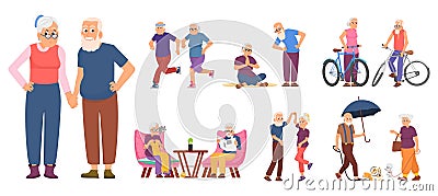 Active old people. Cycling person, healthy retirement and smile elderly characters. Senior retired, cartoon cute dancing Vector Illustration