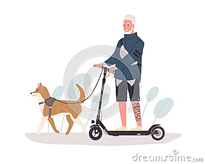 Active old people walking with dog and riding electric scooter. Modern bearded senior man driving eco urban transport Vector Illustration