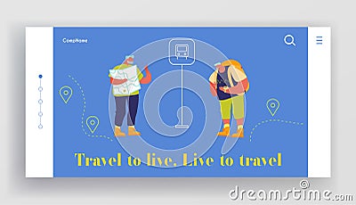 Active Pensioners Trip Website Landing Page. Senior Tourists Searching Places in Foreign City Using Map and Mobile App Vector Illustration