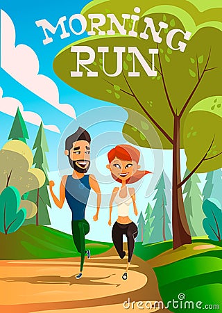 Active People. Man and Woman Runners. Running Through the City. Vector illustration Cartoon Illustration