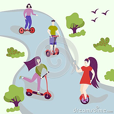 Active people in the park. Summer or spring outdoor city activity. Man and woman characters on hover board, segway, kick scooter. Stock Photo