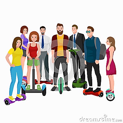 Active peoples fun with electric scooter, family on new modern technology hoverboard, man woman and child self balance Vector Illustration