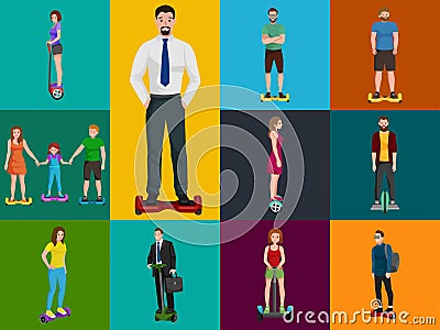 Active peoples fun with electric scooter, family on segway new modern technology hoverboard, man woman and child self Vector Illustration