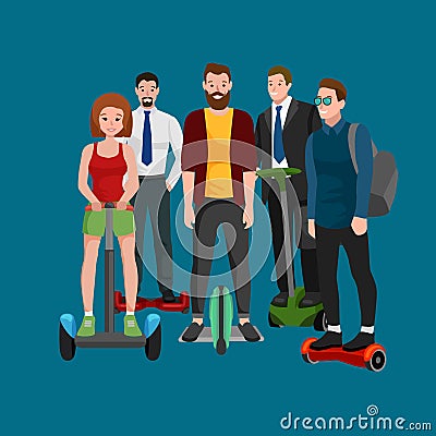 Active peoples fun with electric scooter, family on segway new modern technology hoverboard, man woman and child self Vector Illustration