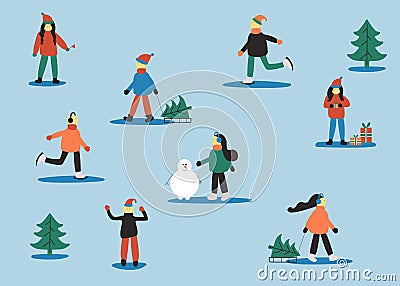 Active persons. Winter set with people: skating man, women with sled, women with gift, men in sweater, women with snowman. Vector Illustration