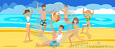 Happy Friends playing Ball on Beach. Vector Illustration