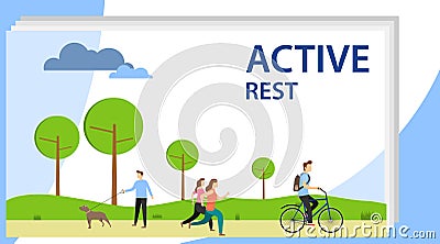 Active rest. People actively relax in the park, run, ride a bike, walk their dogs. Vector Illustration