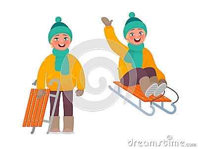 Active rest in winter. The boy is riding a sled Cartoon Illustration